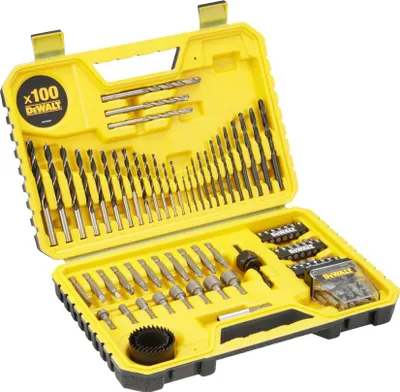 A yellow and black DeWalt drill bit and hole saw set in an open case.