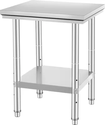 A stainless steel prep table with a shelf.