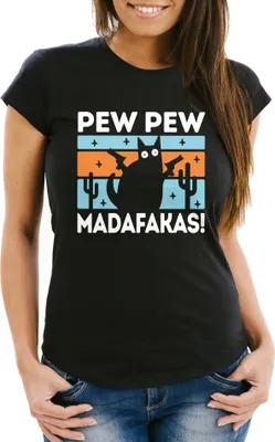 Produktbild von Damen T-Shirt Spruch Pew Pew Madafakas Katze Cat crazy verrückt Frauen Fun-Shirt lustig Moonworks® schwarz L