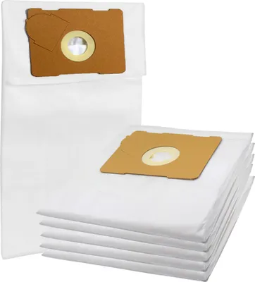 A stack of white vacuum cleaner bags with brown cardboard tops, with one bag standing upright behind the stack.