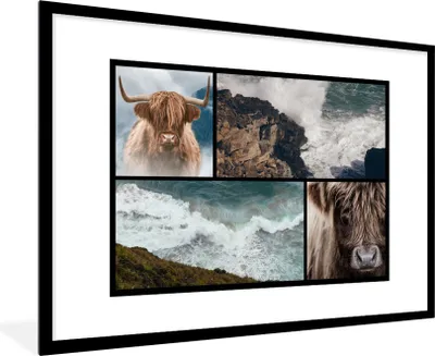 Produktbild von MuchoWow® MuchoWow® Gerahmtes Poster Schottisches Hochlandrind - Collage - Steine - Meer 90x60 cm - Poster mit zchwarzem Bilderrahmen - Wanddekoration - Fotos