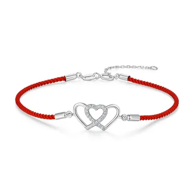 Produktbild von New Bling 9NB-1705 – Silbernes Makramee-Armband in Rot – Herzchen – Mit Zirkonia – Silberfarben/Rot – 925er Silber – Verstellbar 16+2 cm