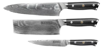Obrázek produktu pro Sada nožů Blackwell (kuchařský nůž + porcovací nůž + příborový nůž) - japonský styl - 67 vrstev damaškové oceli - VG10 - 3 kusy