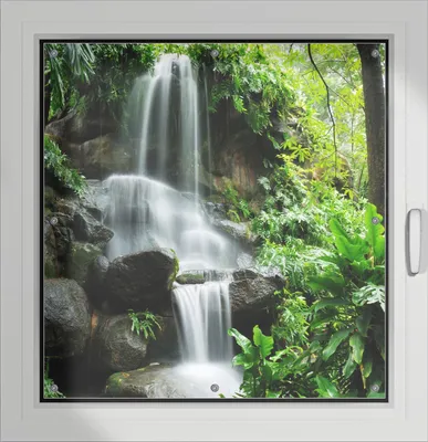 Produktbild von Wallario Lichtschutzbild, Dekorativer Sichtschutz Sonnenschutz 96 x 93 cm mit Motiv: Sturzbach im Grünen - Verdunklung ohne Bohren