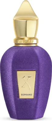 A studio shot of a purple perfume bottle with a gold cap and gold label.