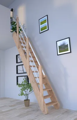 Produktbild von Raumspartreppe Samos in Eiche-Holz-Edelstahl Geländer weiß-verjüngte Stufen/wechselseitig begehbar