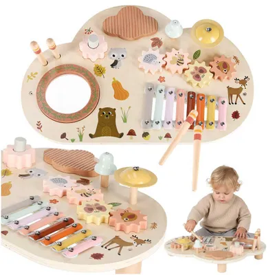 Obrázok produktu pre Drevený vzdelávací stolík s hudobnou tabuľou, cimbalom a činelmi