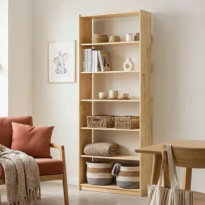 A wooden bookshelf filled with decorative items and books, next to a chair and a table.