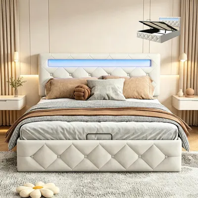 Obrázek produktu pro Postel s pružinovou základnou INONEFT, rozměr 160x200 cm, s LED osvětlením, čalouněná, s hydraulickým úložným prostorem, vhodná pro mládež, s roštem a úložným boxem, potah z veluru, barva béžová.