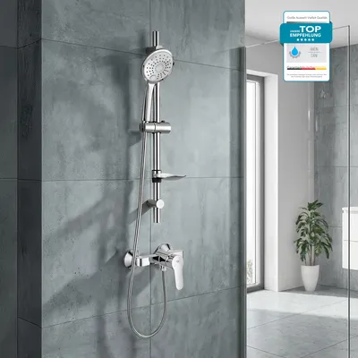 Produktbild von GROHE Duscharmatur BauEdge, Duschsystem mit Einhandarmatur und BELVIT Brause, Duschstange, 1,5 m Schlauch und Seifenschale, ohne Regendusche Chrom