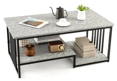 Obrázok produktu pre Záhradný stolík k pohovke – kovová konštrukcia – mramorový vzor – 2 dosky – 110 x 60 x 45 cm