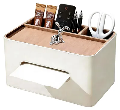 Produktbild von Taschentuchbox mit 2 Fächern aus Kunstleder, rechteckiger Taschentuchspender mit Ablage für Zuhause, Auto und Badezimmer