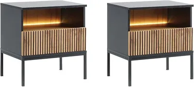 Image de Tables de chevet avec 1 tiroir et 1 compartiment ouvert - Éclairage LED - Noir et bois - Ovila