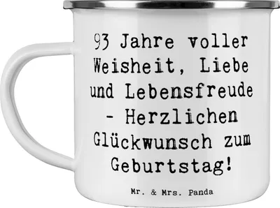 Produktbild von Mr. & Mrs. Panda Blechtasse Spruch 93. Geburtstag - Weiß - Geschenk, Wertschätzung, Teetasse, Happy Birthday, Familie, becher emaille, Motivtasse, Weisheit, Pott, Tasse