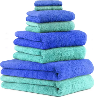 Produktbild von Betz 8-tlg. Handtuch-Set DELUXE 2 Badetücher 2 Duschtücher 2 Handtücher 2 Seiftücher 100% Baumwolle Farbe: türkis und blau