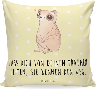 Produktbild von Mr. & Mrs. Panda Deko Kissen Plumplori Glücklich - Gelb Pastell - Geschenk, Polster, Niedlich, Sofakissen 40x40, Kuschel, Sofa, Lustige Sprüche, Glück, bedruckt