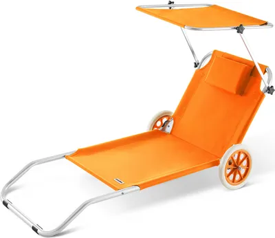 An orange beach lounger with a canopy and wheels is shown against a white background.