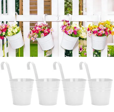 Image de 4 pots de fleurs suspendus, 10 cm de diamètre, en métal blanc, avec crochet et trou