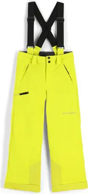 A pair of bright yellow ski pants with black suspenders, shown front-on against a white background.