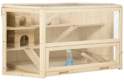 Image de Cage à hamster en bois - Cage pour rongeurs Nagarium - Cage pour petits animaux - 3 étages - Couvercle rabattable - Fenêtre d'observation - Rampe - Mangeoire