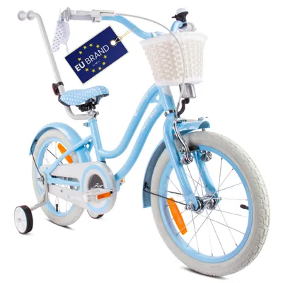Produktbild von Mädchen fahrrad 16 Zoll Glocke Zusatzräder Schubstange Silver Moon blau Sun Baby