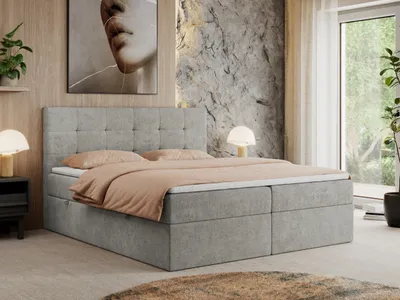 Produktbild von MKS MEBLE Boxspringbett 180x200 mit Bettkasten und Matratze H3, Polsterbett 180x200 mit Bettkasten, Bett 180x200 mit Stauraum und Topper - Centos - Hellgrau Struktur