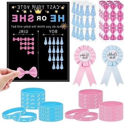 Immagine prodotto di Set da 77 pezzi con decorazioni per la festa di rivelazione del sesso del nascituro, con poster da stampare, braccialetti e cesti regalo per la baby shower