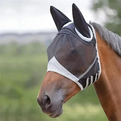 Imagen del producto de Máscara para caballos, anti-mosquitos, transpirable, con protección UV, elástica, con grandes orificios para los ojos, unidad