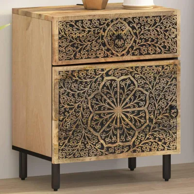 A close-up, front-facing view of a wooden nightstand with intricate carvings on its drawer and door.