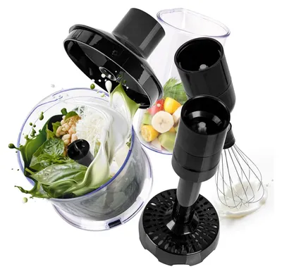 A collage of various attachments and ingredients for a hand blender, including a chopper with basil and nuts, a whisk with cream, and chopped fruit.