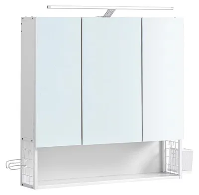 Produktbild von Weißer Badezimmerschrank – verstellbare Regale, Haartrocknerhalter – 14,5 x 70 x 70 cm