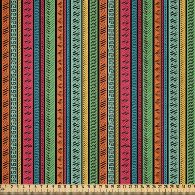 Zdjęcie produktu dla ABAKUHAUS Tkanina satynowa Hippie sprzedawana na metry, artystyczne, ręcznie rysowane pionowe wzory inspirowane kolorową kulturą afrykańską, 1 m (148 x 100 cm), wielokolorowa