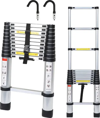 Produktbild von Clanmacy Teleskopleiter Silber 3.2m Mit Haken Ausziehleiter bis 150kg Stabil Aluminium Anlegeleiter Multifunktionsleiter Stehleiter