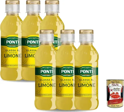 Produktbild von Ponti, Gastronomische Glasur mit Zitronensaft, cremig und erfrischend, ideal zum Aroma -Fleisch-, Fisch- und Obstsalatgerichten, 6x 220 g + Italian Gourmet polpa 400g