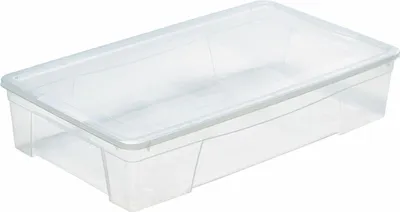 A clear plastic storage box with a lid, shown from a slightly elevated side angle on a white background.