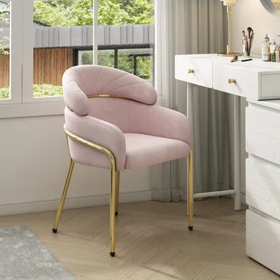 Obrázok produktu pre Jednoduchá jedálenská stolička, jednotlivý kus, ľahký luxus, vhodná do jedálne, obývačky alebo spálne, relaxačné kreslo, s štyrmi kovovými nohami, potiahnutá zamatom, ružová farba