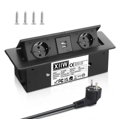 A black retractable power outlet with two sockets and two USB ports, shown with four screws and a power cord.