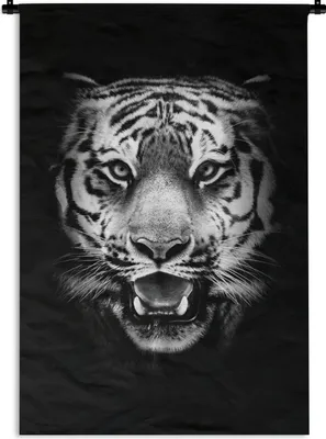 Produktbild von MuchoWow® Wandteppich Wandbehang Tigerkopf vor schwarzem Hintergrund - schwarz und weiß 90x135 cm Tapisserie Dekoration Wandtuch - Baumwolle - Wandskulptur