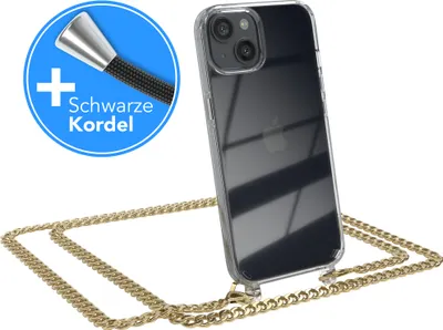 Produktbild von EAZY CASE Metall Handykette für Apple iPhone 13, Handyhülle mit Umhängeband, Silikonhülle, Metallkette für Smartphone in Gold
