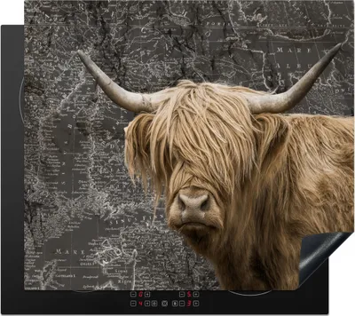 Produktbild von KitchenYeah© Herdabdeckplatte Schottischer Highlander - Weltkarte - Tiere , 59x52cm, Küche Deko, Glaskeramikkochfeld Herdabdeckung, Abdeckplatte fùr Kochfeld