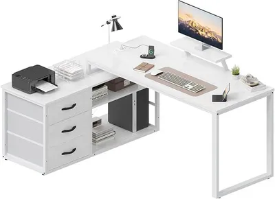 Produktbild von Schreibtisch mit 3 Schubladen, 140 x 100 x 75 cm, Eckschreibtisch mit Regalen, umkehrbar in L-Form mit 2 USB-Ladeanschlüssen und 2 Steckdosen, Schreibtische für zu Hause, Weiß
