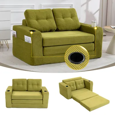 Produktbild von Cord-Zweisitzer Sofa mit 2 Getränkehaltern & Seitentaschen, gepolsterte Rückenlehne für Wohnzimmer
