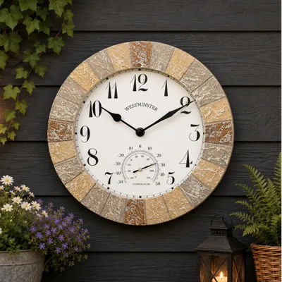 Imagen del producto de Reloj de jardín con termómetro, de 25,4 cm, resistente al agua, ideal para terrazas