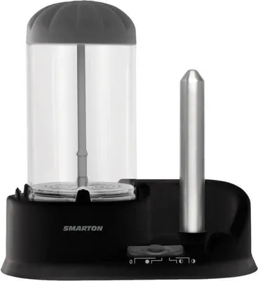 A black and silver hot dog maker with a clear plastic cylinder.