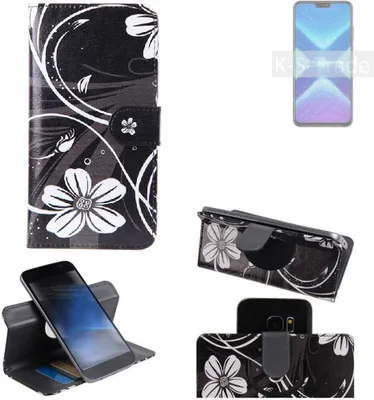 Produktbild von K-S-Trade Schutzhülle Handyhülle kompatibel mit Huawei Honor 9x Lite Hülle 360° Wallet Case ''Flowers'' Klapphülle Hülle schwarz-weiß 1x