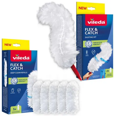 Zdjęcie produktu dla Vileda Flex&Catch miotełka do kurzu z krótką rączką, antypoślizgowa, elastyczna główka + 5 zapasowych wkładów