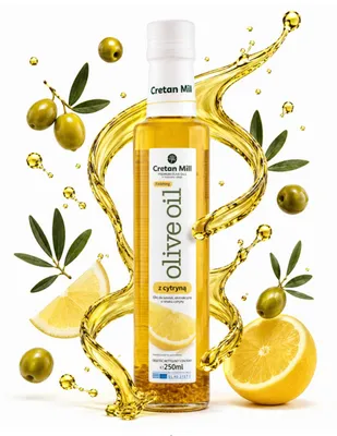 Image de Huile d'olive aromatisée Cretan Mill Extra Vierge au citron AOP Sitia, pressée à froid, 250 ml
