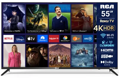 Obrázek produktu pro RCA Roku Smart TV – LED 4K Ultra HD – 55 palců/140 cm – streamovací aplikace – AirPlay a hotelový režim – trojitý tuner DVB-T/T2/S/S2/C – 3x HDMI, 2x USB, CI+ – bezrámečkový design – vyrobeno v Eindhovenu, Nizozemsko – RK55UN1
