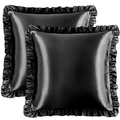 Productafbeelding van Kussensloop set van 2, satijn met ruches, hotelgesp, zwart, 80x80 cm