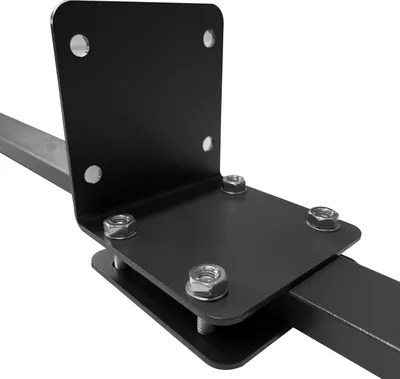 A close-up view of a black metal bracket attached to a metal bar with bolts and nuts.